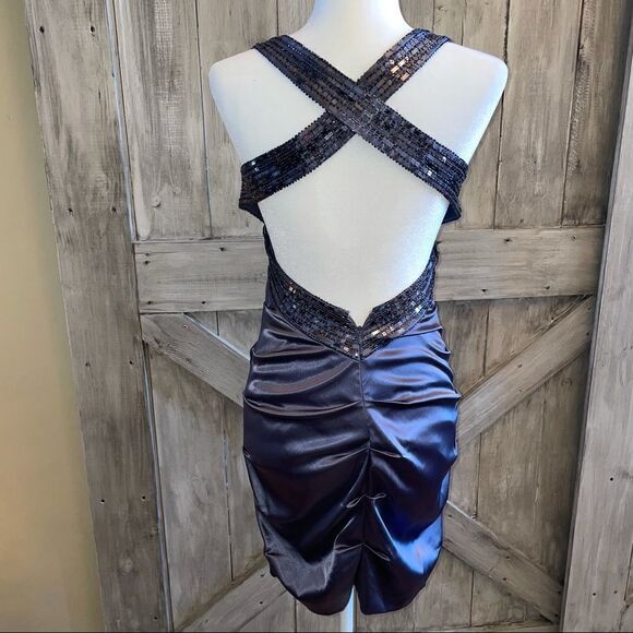 Bee Darlin Cocktail Party Ruched Bodycon Satin Sequin Dress - Picture 3 of 6